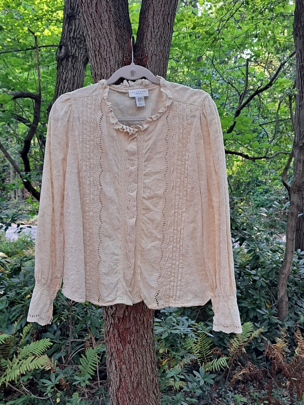 Calypso St. Barth Cream Lace-Trim Button Front Blouse
